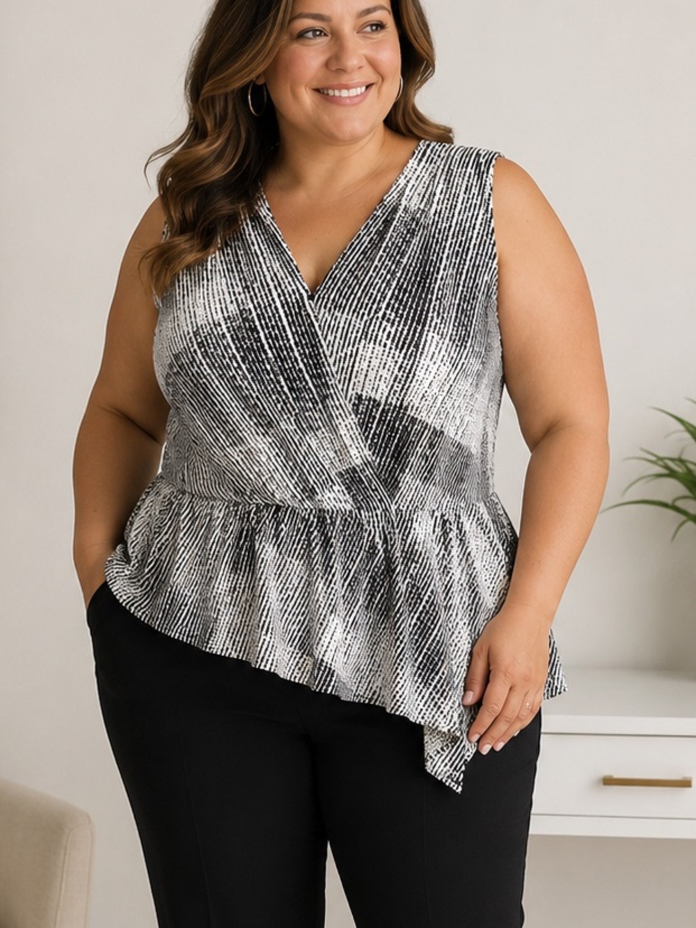 White House Black Market Black Plus size Abstract Office Top Peplum Wrap Style